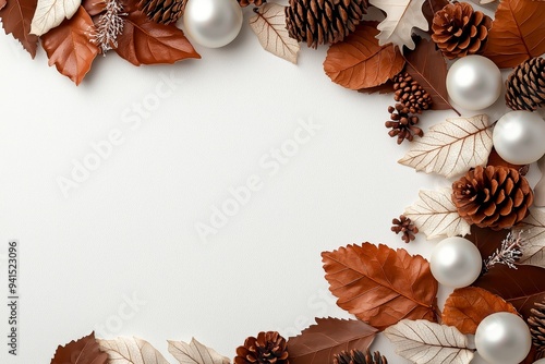 Tiny plum and pearl white winter leaves with mini pinecones on a white backdrop. Minimalistic, high resolution, clear sharp focus, hyper-detailed.