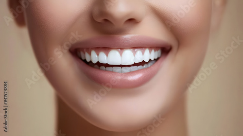 Closeup of woman smiling to camera, showing white smile of after teeth alignment procedure, beige background