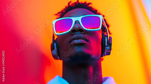 A man wearing sunglasses and headphones is standing in front of a red wall