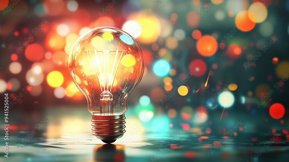 Creative concept of a glowing light bulb surrounded by colorful bokeh lights and reflections, representing innovation, inspiration, and bright ideas. Digital illustration with 3D rendering elements, h