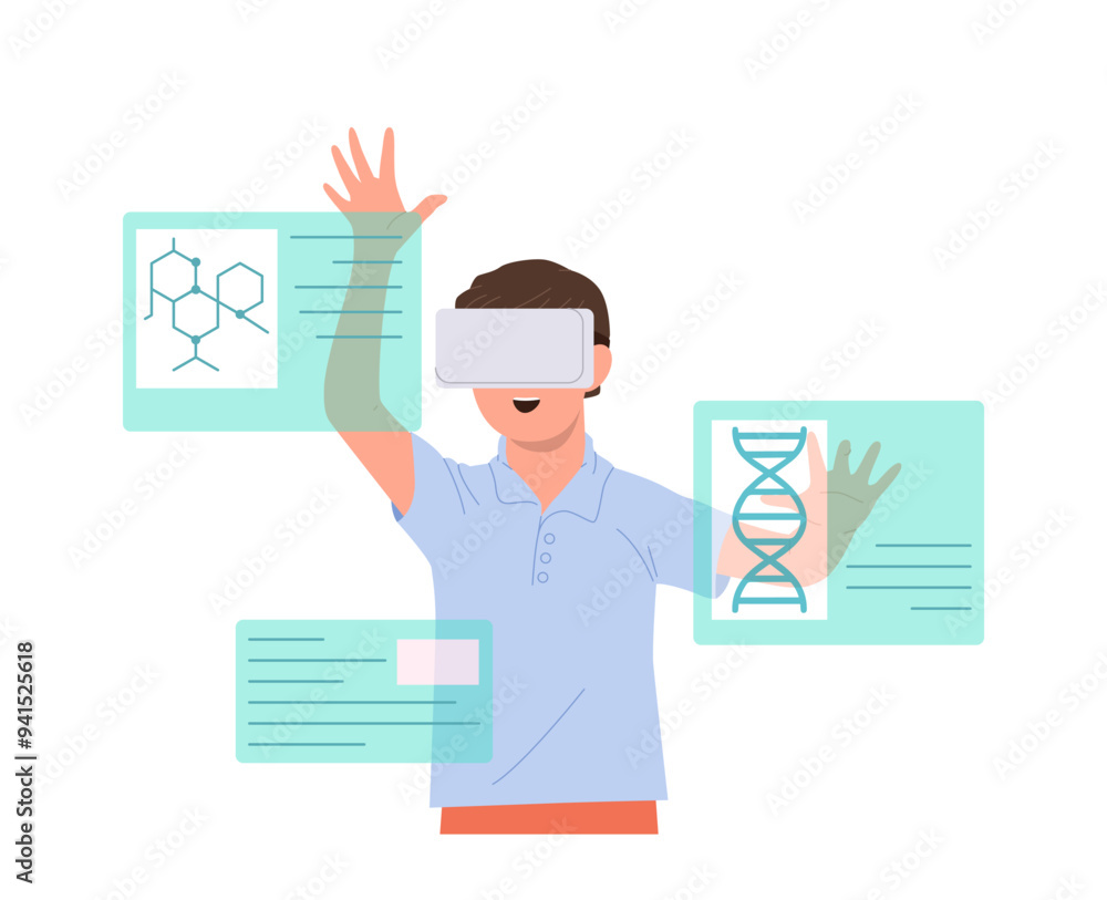 Boy school student cartoon character wearing vr goggles studying chemistry at lesson in metaverse Boy school student cartoon character wearing vr goggles studying chemistry at lesson in metaverse