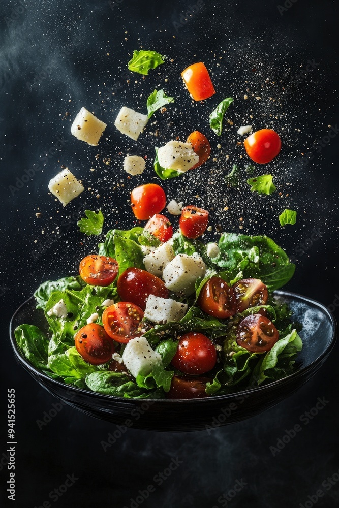 A vibrant salad with fresh greens, cherry tomatoes, and cheese, captured mid-air. A vibrant salad with fresh greens, cherry tomatoes, and cheese, captured mid-air.