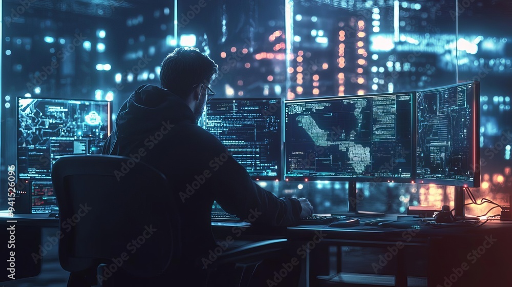 A focused individual analyzes data on multiple monitors in a dark room, showcasing the essence of modern technology and innovation. A focused individual analyzes data on multiple monitors in a dark room, showcasing the essence of modern technology and innovation.