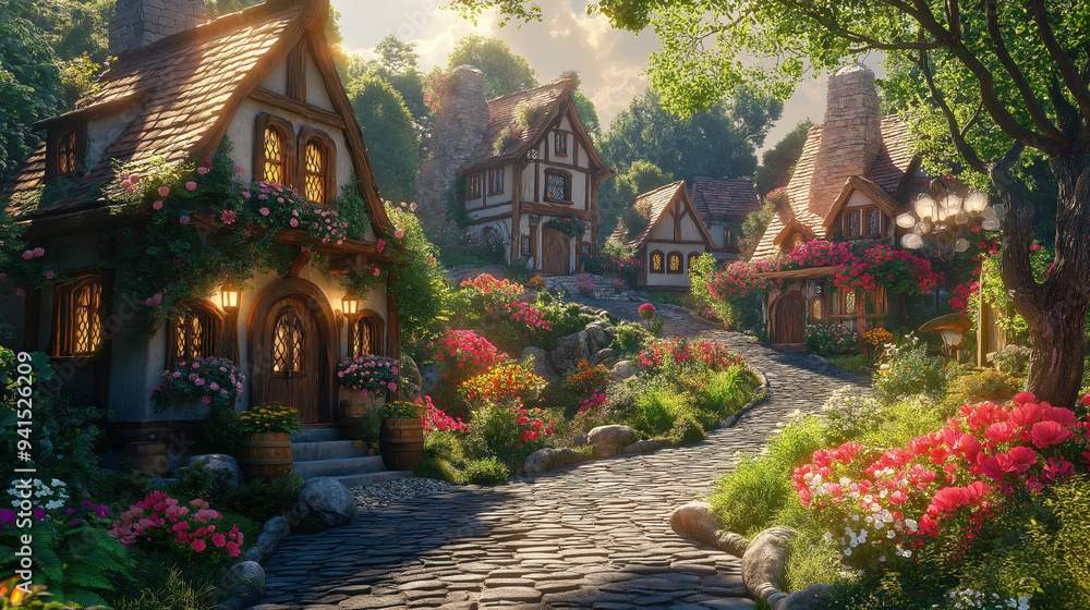 Obraz premium Enchanting cottage village with vibrant flowers and cobblestone path in idyllic countryside setting