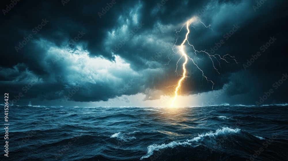 A stormy ocean with a lightning bolt in the sky A stormy ocean with a lightning bolt in the sky