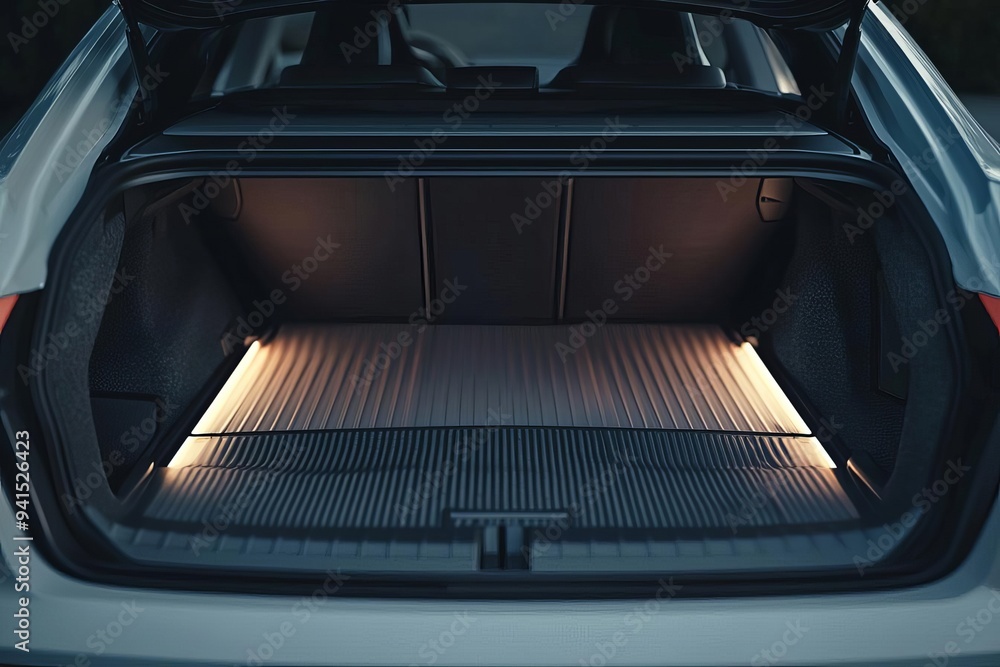 Obraz premium A spacious car trunk with interior lighting, ready for luggage or groceries. Ideal for travel and outdoor adventures.