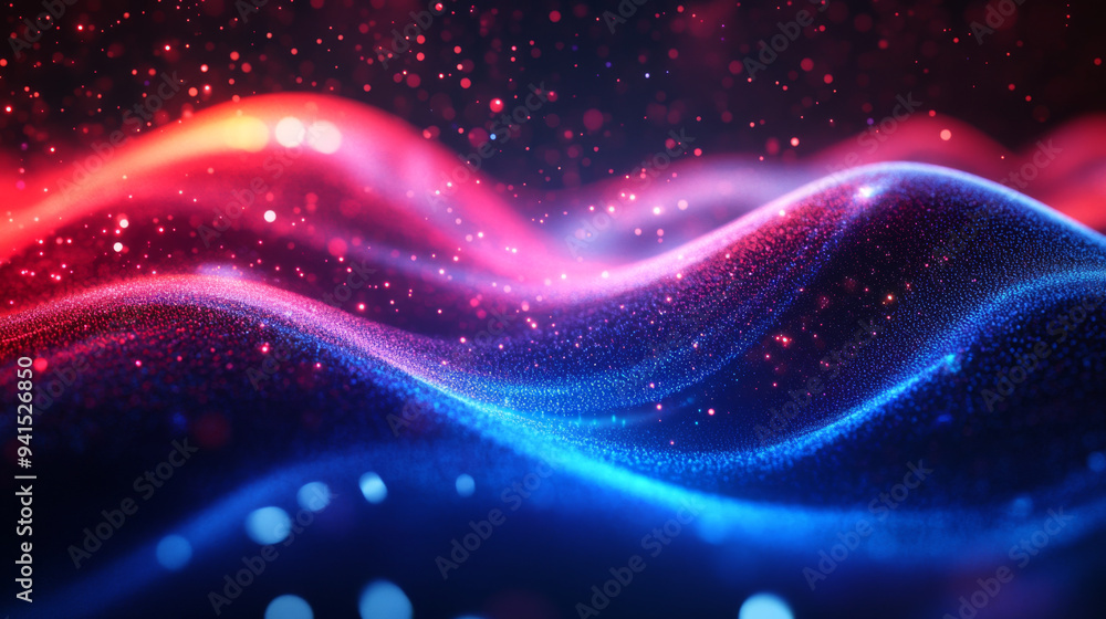 Obraz premium A blue and red wave with a lot of sparkles
