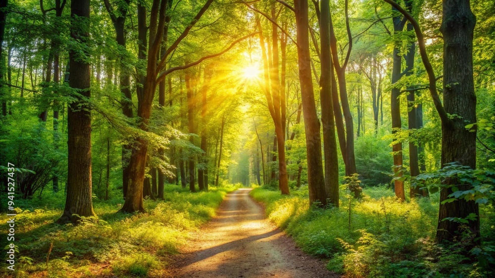 Fototapeta premium A sun-dappled forest path, bathed in the golden light of the setting sun, winds its way through towering ancient trees. generative AI