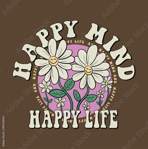 Retro Happy Flower Vector Art Illustration. Smiling Flower Icon. Vintage Slogan T shirt Print Design.