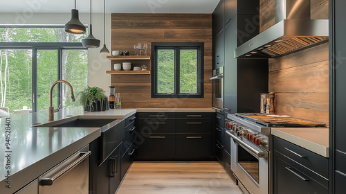 Modern kitchen interior with black cabinets and wood accents showcasing contemporary design