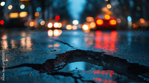 Urban street reflections with cracked asphalt and blurred city lights during evening rain