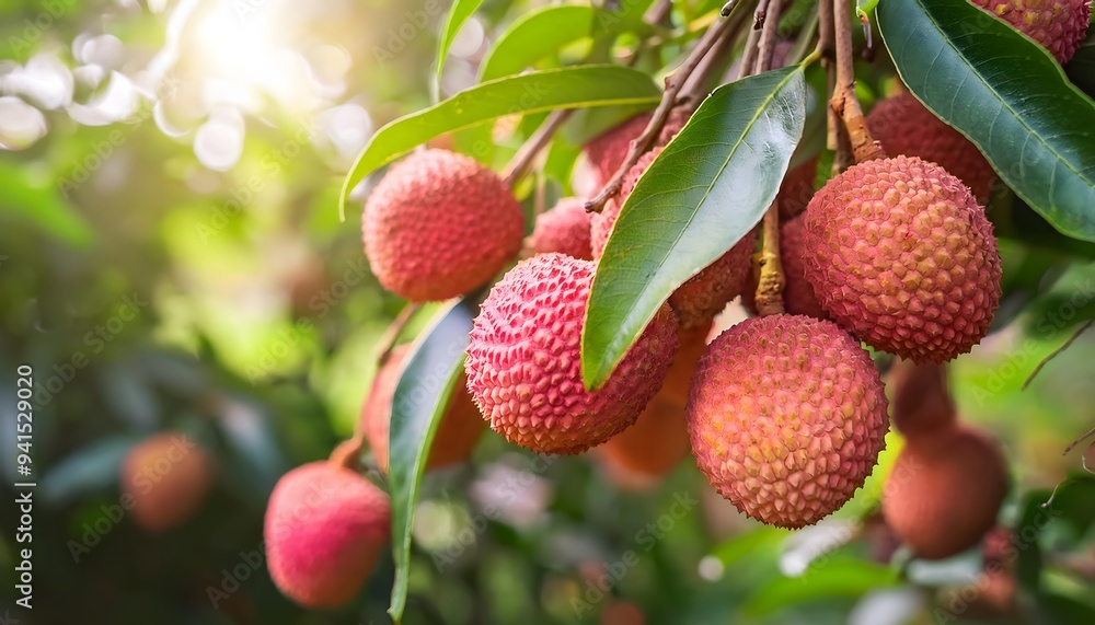 Fresh ripe lychee fruit hang on the lychee tree in the tropical garden; selective focus Fresh ripe lychee fruit hang on the lychee tree in the tropical garden; selective focus