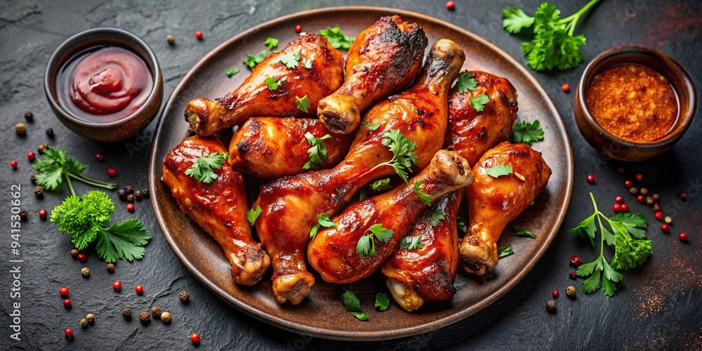 Plate of juicy grilled chicken drumsticks in spicy barbecue sauce, food, marinated, meat, barbecue, cookout, lunch, cooked, food photography, sauce, BBQ, grill, wooden plate Plate of juicy grilled chicken drumsticks in spicy barbecue sauce, food, marinated, meat, barbecue, cookout, lunch, cooked, food photography, sauce, BBQ, grill, wooden plate
