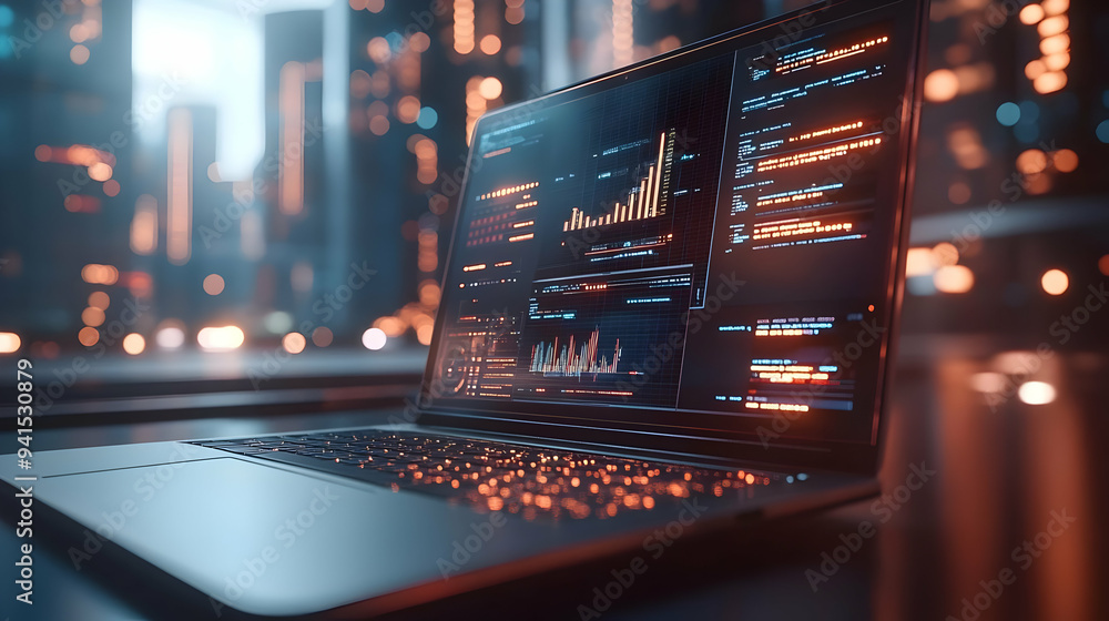 3D Icon as Laptop with holographic AI budget and financial planning icons concept as Camera movement Pan across the laptop screen with a focus on glowing holographic AI budget and financial planning i 3D Icon as Laptop with holographic AI budget and financial planning icons concept as Camera movement Pan across the laptop screen with a focus on glowing holographic AI budget and financial planning i