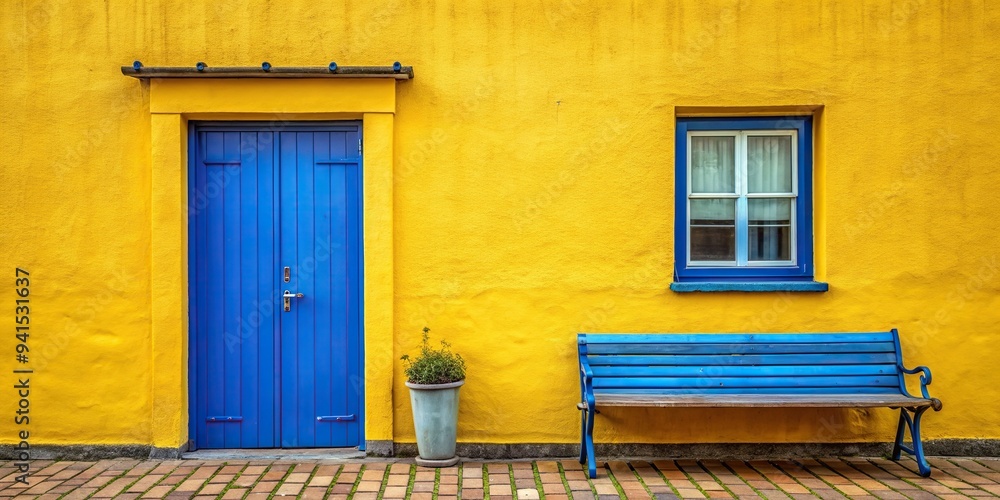 Naklejka premium Yellow house with a blue door and bench in front from a long distance, long shot, facade,Yellow, home, building, unique, outdoor, bench, exterior, bright, quaint, colorful, charming