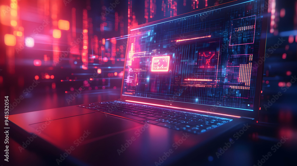 3D Icon as Laptop with holographic AI QA and improvement icons concept as Camera movement Pan across the laptop screen with a focus on glowing holographic AI QA and improvement icons. Scene A modern w 3D Icon as Laptop with holographic AI QA and improvement icons concept as Camera movement Pan across the laptop screen with a focus on glowing holographic AI QA and improvement icons. Scene A modern w