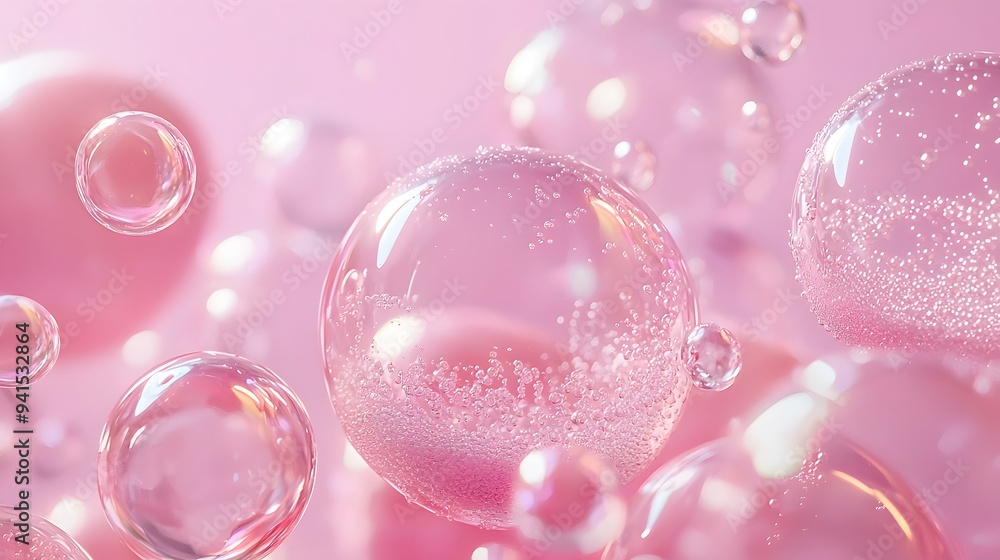 Close-up of delicate pink bubbles floating in a dreamy atmosphere. Close-up of delicate pink bubbles floating in a dreamy atmosphere.