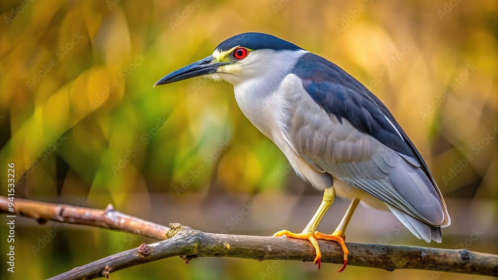 Obraz premium A close up photo of a black crowned night heron perched on a branch in Eurasia with its distinctive black and gray feathers red eyes and long legs, plumage, waterbird, ornithology, branch