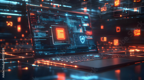 3D Icon as Laptop with holographic firewall and malware icons concept as Camera movement Pan across the laptop screen with a focus on glowing holographic firewall and malware icons. Scene A modern wor