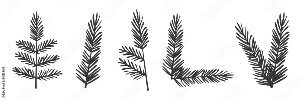 Naklejka premium Set of spruce branches Vector Christmas illustration Christmas and New Year green coniferous plant symbols Isolated on white background. 