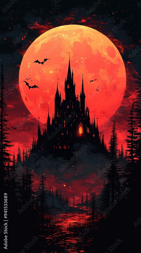 Scary Gothic castle on Halloween night, haunted palace or mansion for dark blue background. Spooky view of old mystery castle and bats in full moon. Horror scene with big gloomy house, fantasy place Scary Gothic castle on Halloween night, haunted palace or mansion for dark blue background. Spooky view of old mystery castle and bats in full moon. Horror scene with big gloomy house, fantasy place