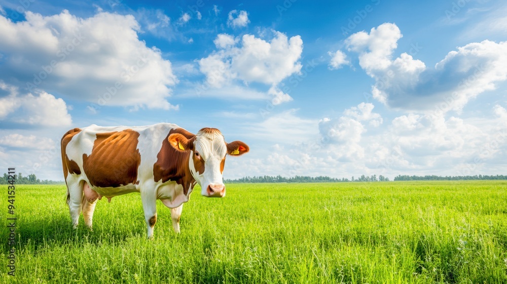 A peaceful cow grazing on a lush green field under a bright blue sky with fluffy clouds, depicting serene rural life. A peaceful cow grazing on a lush green field under a bright blue sky with fluffy clouds, depicting serene rural life.