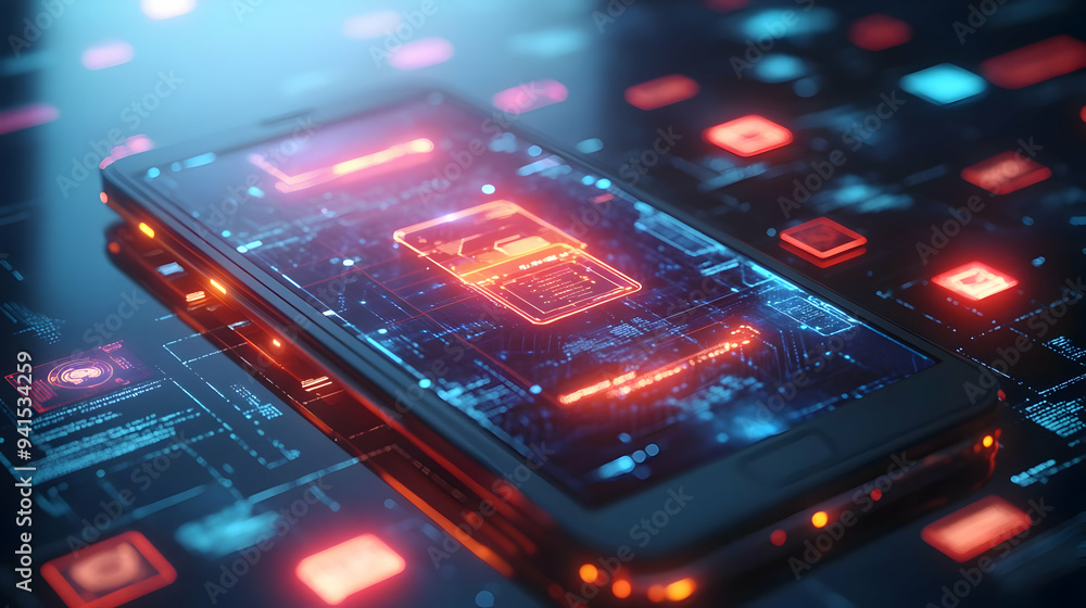 3D Icon as Mobile phone with holographic cyber security icons concept as Camera movement Rotate around the mobile phone with a focus on glowing holographic cyber security icons. Scene A tech savvy env 3D Icon as Mobile phone with holographic cyber security icons concept as Camera movement Rotate around the mobile phone with a focus on glowing holographic cyber security icons. Scene A tech savvy env