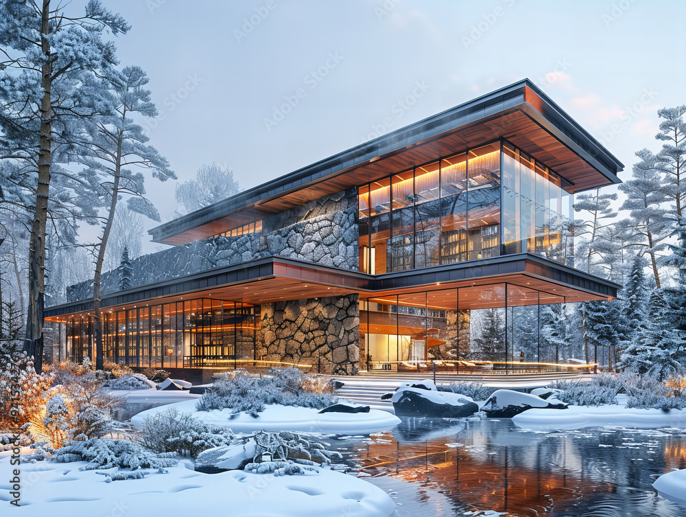 Modern architectural marvel cabin in snowy winter forest, evening glow emanating from glass walls, creating warm, cozy and harmonious atmosphere. Modern architectural marvel cabin in snowy winter forest, evening glow emanating from glass walls, creating warm, cozy and harmonious atmosphere.