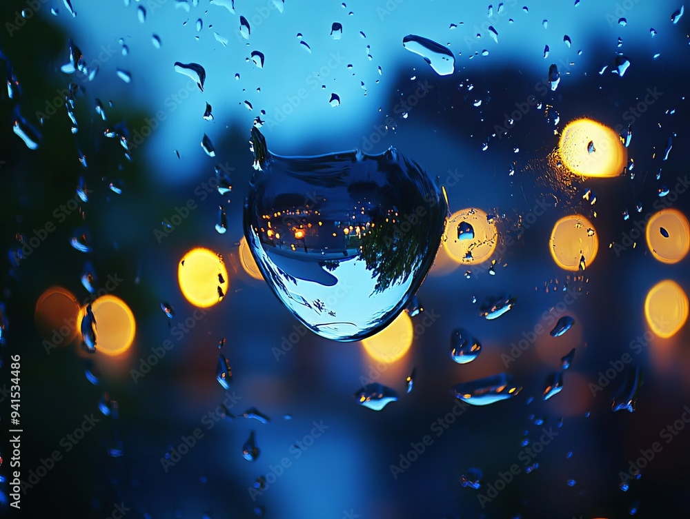 A close-up view of a water droplet on glass, reflecting warm lights in a rainy ambiance, creating a soothing and serene atmosphere. A close-up view of a water droplet on glass, reflecting warm lights in a rainy ambiance, creating a soothing and serene atmosphere.
