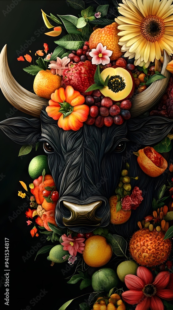 Naklejka premium Bull Head with Tropical Fruits and Flowers