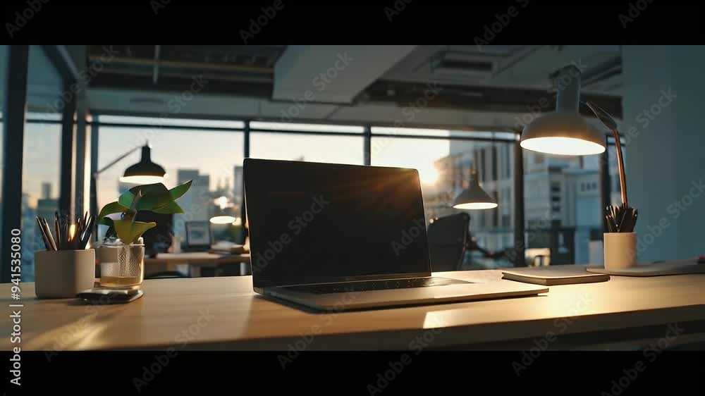 Laptop on Desk with City View and Sunset Light Laptop on Desk with City View and Sunset Light