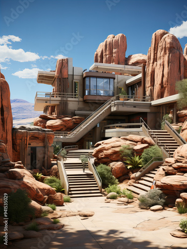 Futuristic Desert House Integrated Into Rocky Terrain under Clear Blue Sky, Modern Aesthetic, Earthy and Sandy Tones, Rugged and Innovative Environment photo