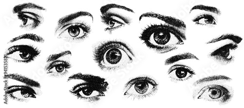 set of eye watching, looking and glancing. grunge photocopy effect. isolated background.