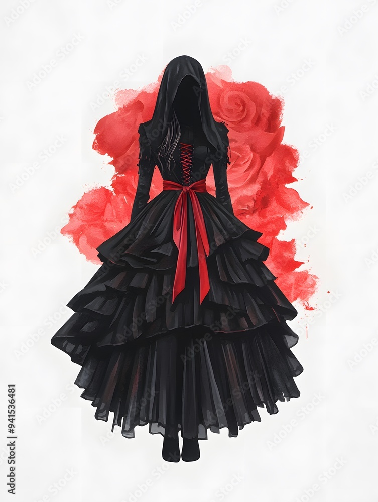 Naklejka premium Mysterious Woman in Black Dress and Red Roses