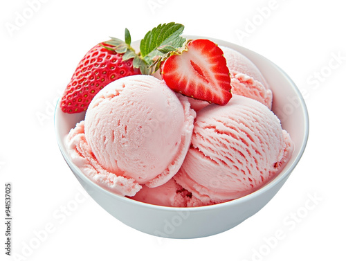 Strawberry ice cream in a bowl on white background, creamy and sweet. photo