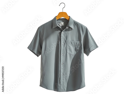 Gray short-sleeve shirt on white background, casual and modern. photo