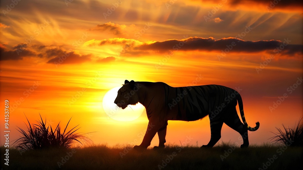 Silhouette of a Tiger Against a Setting Sun Generative AI Silhouette of a Tiger Against a Setting Sun Generative AI