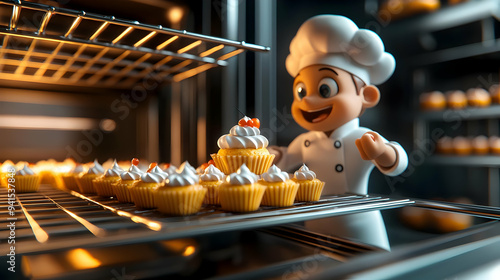 3D Icon as Pastry chef baking glossy cakes for a World Food Day competition concept as Camera movement Zoom into the glossy cakes in the oven. Scene A bakery kitchen with ovens and tools. Detail Pastr photo