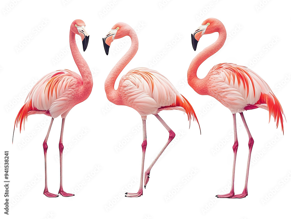 Three pink flamingos in different poses on white background, vibrant and elegant. Three pink flamingos in different poses on white background, vibrant and elegant.