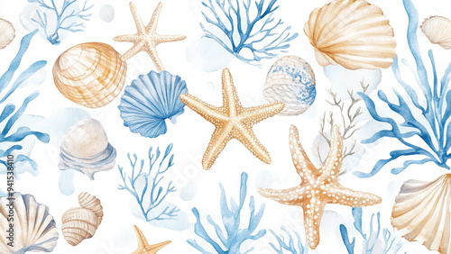 Coastal Watercolor: Sand Dollar, Starfish, and Shells on White