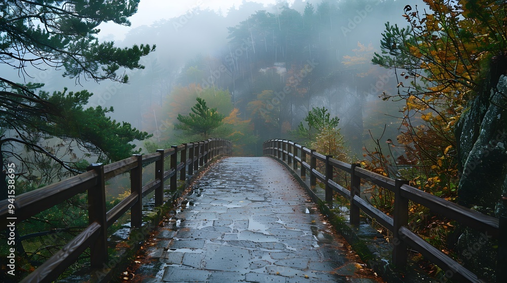 Tranquil Misty Bridge Crossing Through Autumnal Forest Landscape Tranquil Misty Bridge Crossing Through Autumnal Forest Landscape