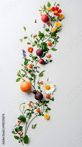 Floral Arrangement with Fresh Fruit and Flowers on White Background