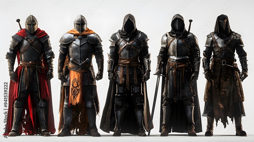 Naklejka premium Five Knights in Full Armor Medieval Warriors Fantasy Characters Isolated on White Background