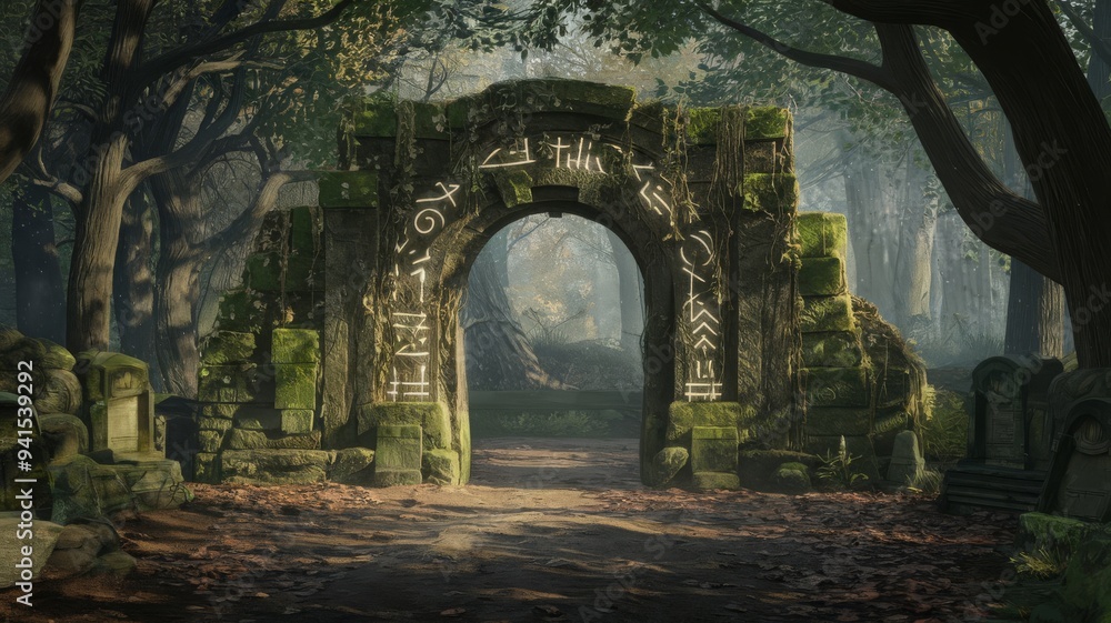 Obraz premium ancient forest a large stone archway stands in a small clearing