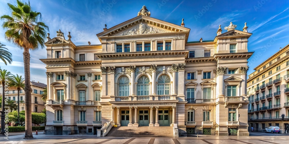 Obraz premium Southern facade of the Opera House in Nice Cote d Azur France captured in a medium shot, sunny day, iconic, landmark, exterior, vacation, outdoor, historical, structure, cultural