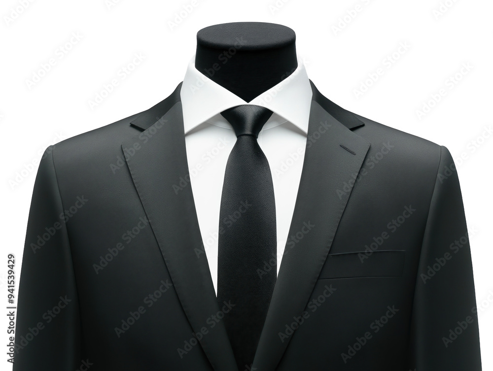 Black suit with white shirt and black tie isolated on white background. PNG transparent. Black suit with white shirt and black tie isolated on white background. PNG transparent.