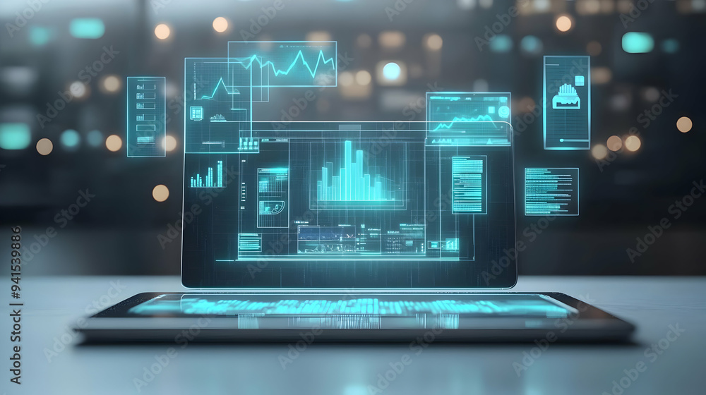 3D Icon as Tablet with holographic AI and financial icons concept as Camera movement Slide across the tablet screen with a focus on glowing holographic AI and financial icons. Scene A minimalist desk 3D Icon as Tablet with holographic AI and financial icons concept as Camera movement Slide across the tablet screen with a focus on glowing holographic AI and financial icons. Scene A minimalist desk