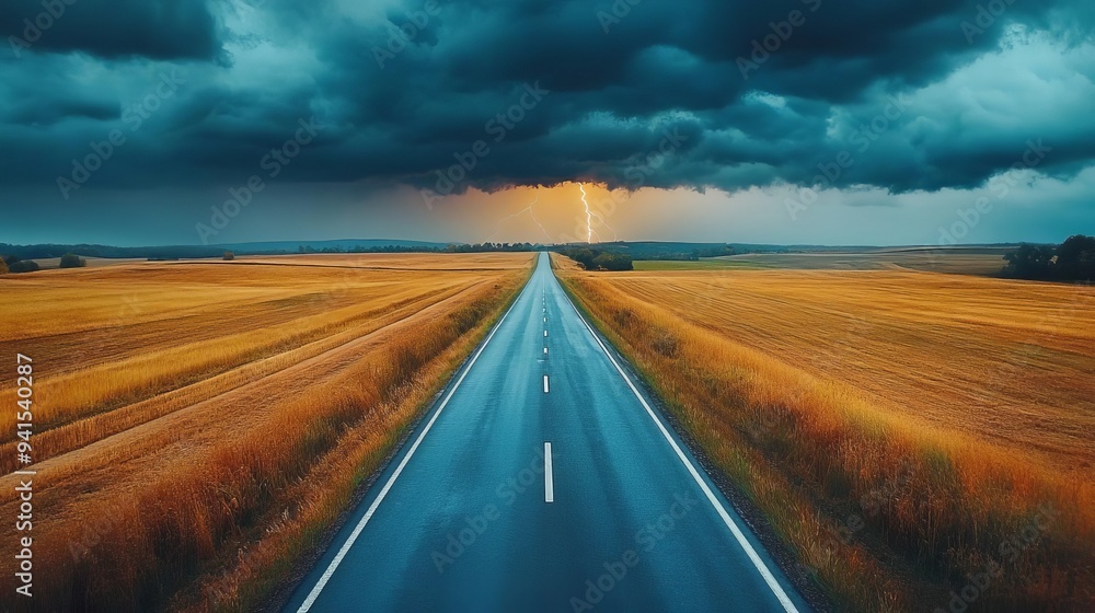 Fototapeta premium A stunning highway stretches through golden fields under dramatic storm clouds, illuminated by a bolt of lightning.
