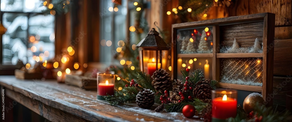 Cozy Christmas decorations with candles and pinecones in rustic setting, holiday celebration. Generative AI Cozy Christmas decorations with candles and pinecones in rustic setting, holiday celebration. Generative AI
