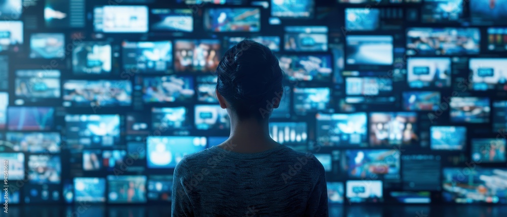 A person stands in front of multiple screens displaying various media, immersed in technology and modern communication. A person stands in front of multiple screens displaying various media, immersed in technology and modern communication.